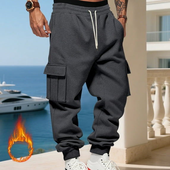 Big and Tall Sweatpants for Men Casual Fleece Cargo Joggers Elastic Waist with Pockets, Relaxed Fit Pants for Workout, Lounge & Winter Casual Dark Gray S