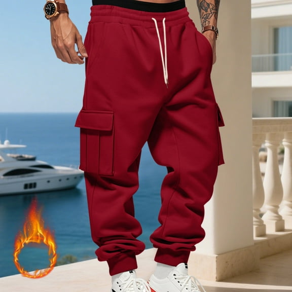 Big and Tall Sweatpants for Men Casual Fleece Cargo Joggers Elastic Waist with Pockets, Relaxed Fit Pants for Workout, Lounge & Winter Casual​ Red 3XL