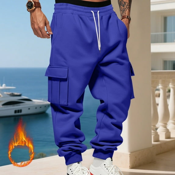 Big and Tall Sweatpants for Men Casual Fleece Cargo Joggers Elastic Waist with Pockets, Relaxed Fit Pants for Workout, Lounge & Winter Casual Royal Blue XL