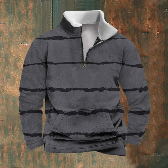 Big & Tall Sweatshirts for Men with Pocket and Zip Stand Collar S-4X Plus Size Fleece Lined Long Sleeve Stripe Printed Pullover Warm Sweatshirt Shirts