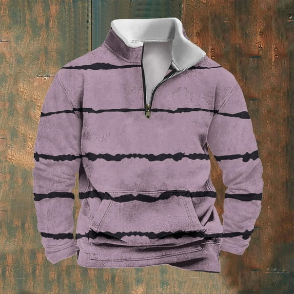 Big & Tall Sweatshirts for Men with Pocket and Zip Stand Collar S-4X Plus Size Fleece Lined Long Sleeve Stripe Printed Pullover Warm Sweatshirt Shirts