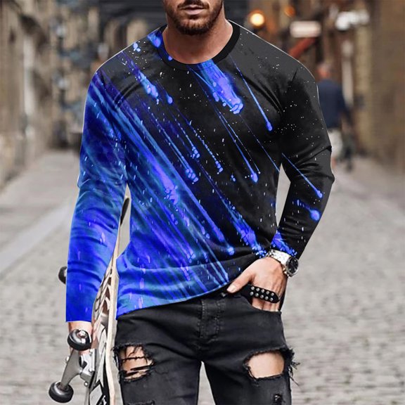 Big and Tall T Shirts for Men S-4X Plus Size Long Sleeve Round Neck Tees Tops Trendy Shooting-Star Printed Loose Casual Pullover Comfort Tshirts Shirt