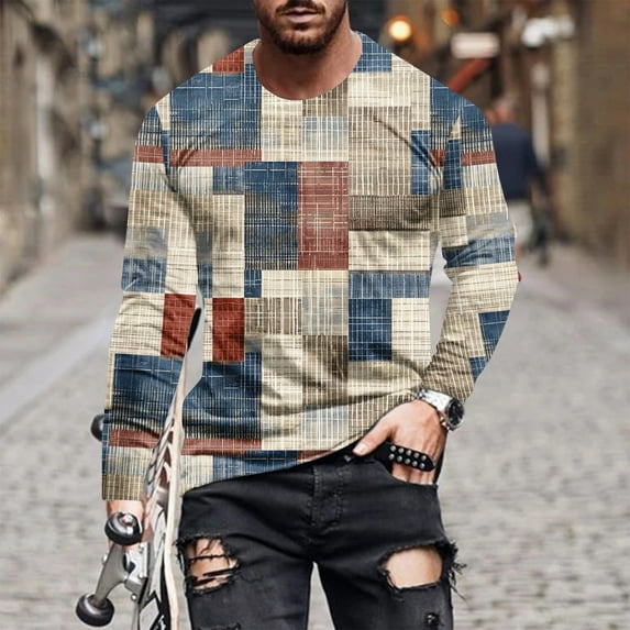 Big & Tall T Shirts for Men S-5XL Plus Size Long Sleeve Crewneck Tshirts Shirt Casual Pullover Slim Vintage Plaid Printed Basic Tees Tops Clearance