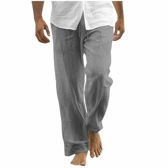 Big & Tall Wide Leg Linen Pants Loose Drawstring Mens Casual Pants with Pockets Light Weight Beach Lounge Trousers M, Dark Gray