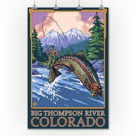 Big Thompson River, CO - Angler Fly Fishing Scene (Leaping Trout) - Lantern Press Original Poster (36x54 Giclee Gallery Print, Wall Decor Travel Poster)