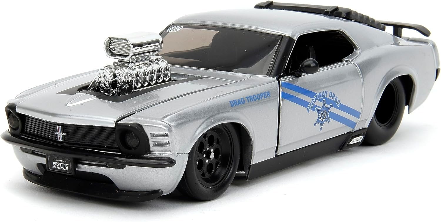 Big Time Muscle 1:24 1970 Ford Mustang Boss 429 Die-Cast Car, Toys for Kids and AdultsSilver/Blue Stripes(Selections May Vary)