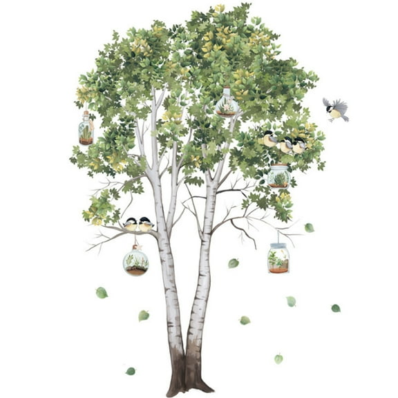 Big Tree Birch Wall Stickers Green Leaves Wall Decals Living Room Bedroom Birds Home Decor Poster Mural PVC Room Decoration
