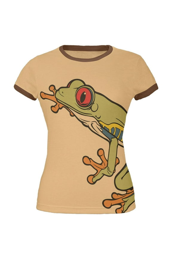 Big Tree Frog All Over Tan-Brown Juniors Soft Ringer T-Shirt