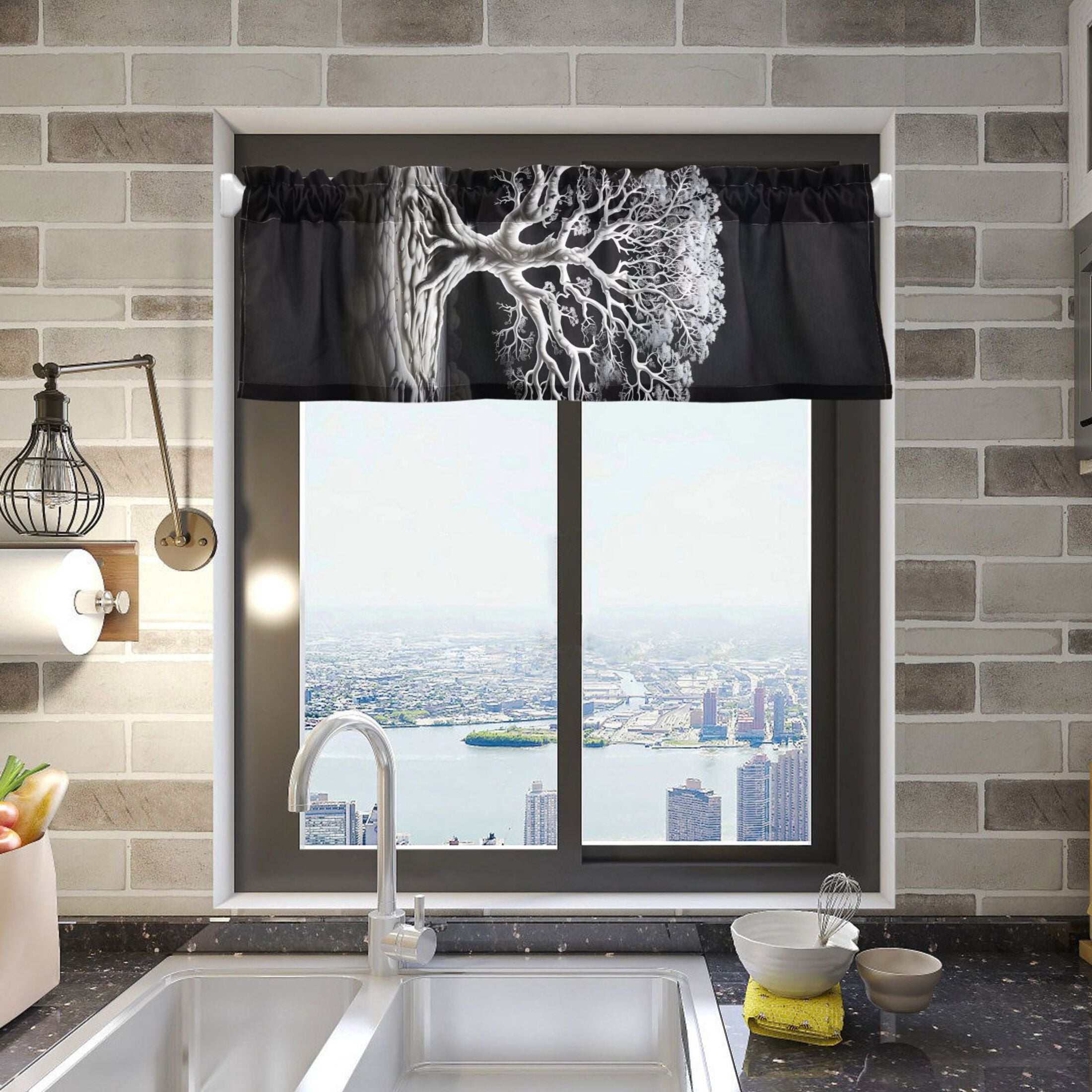 Big Tree in Black and White Curtain Valances for Windows Kitchen Living ...
