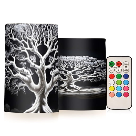Big Tree in Black and White Flickering Flameless Candles Battery Operated with Remote Timer LED Pillar Candles Set of 2
