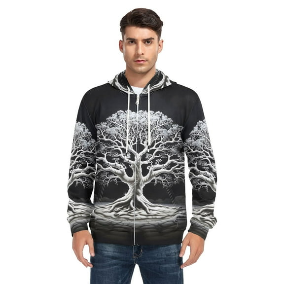 Big Tree in Black and White Men’s Hoodies Sweatshirt with Full Zip Pockets Fleece Jackets