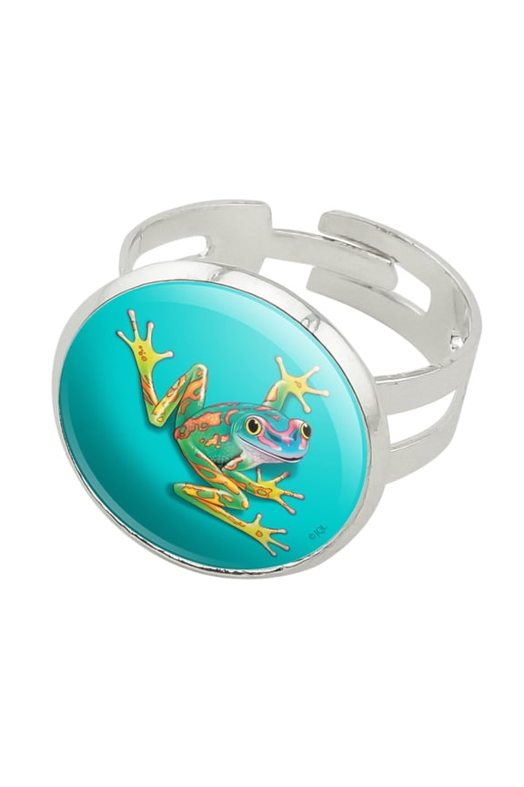 Big Tropical Rainbow Rainforest Tree Frog Silver Plated Adjustable Novelty Ring