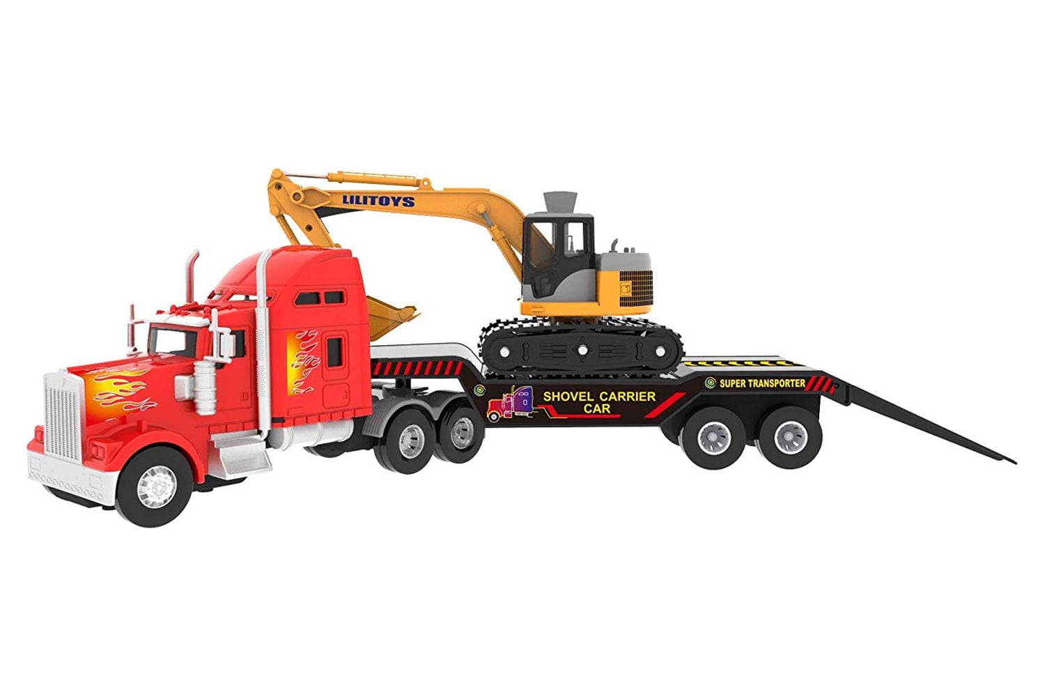 Big Truck Big Rig Heavy Duty Tractor Trailer Transport Series Flatbed  Trailer with Excavator Included Includes 3 Interchangeable Parts For  Excavator