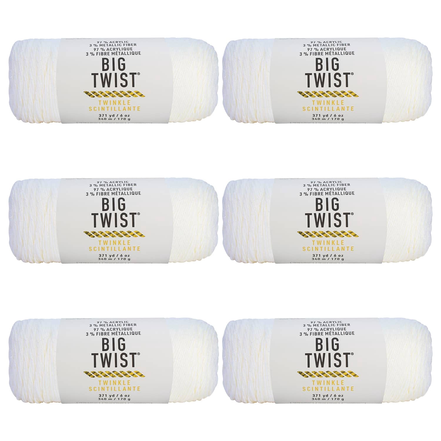 Big Twist Twinkle Yarn, Medium Worsted Sparkle Acrylic Blend, Assorted Colors, 6 oz. Skein, 6-Pack