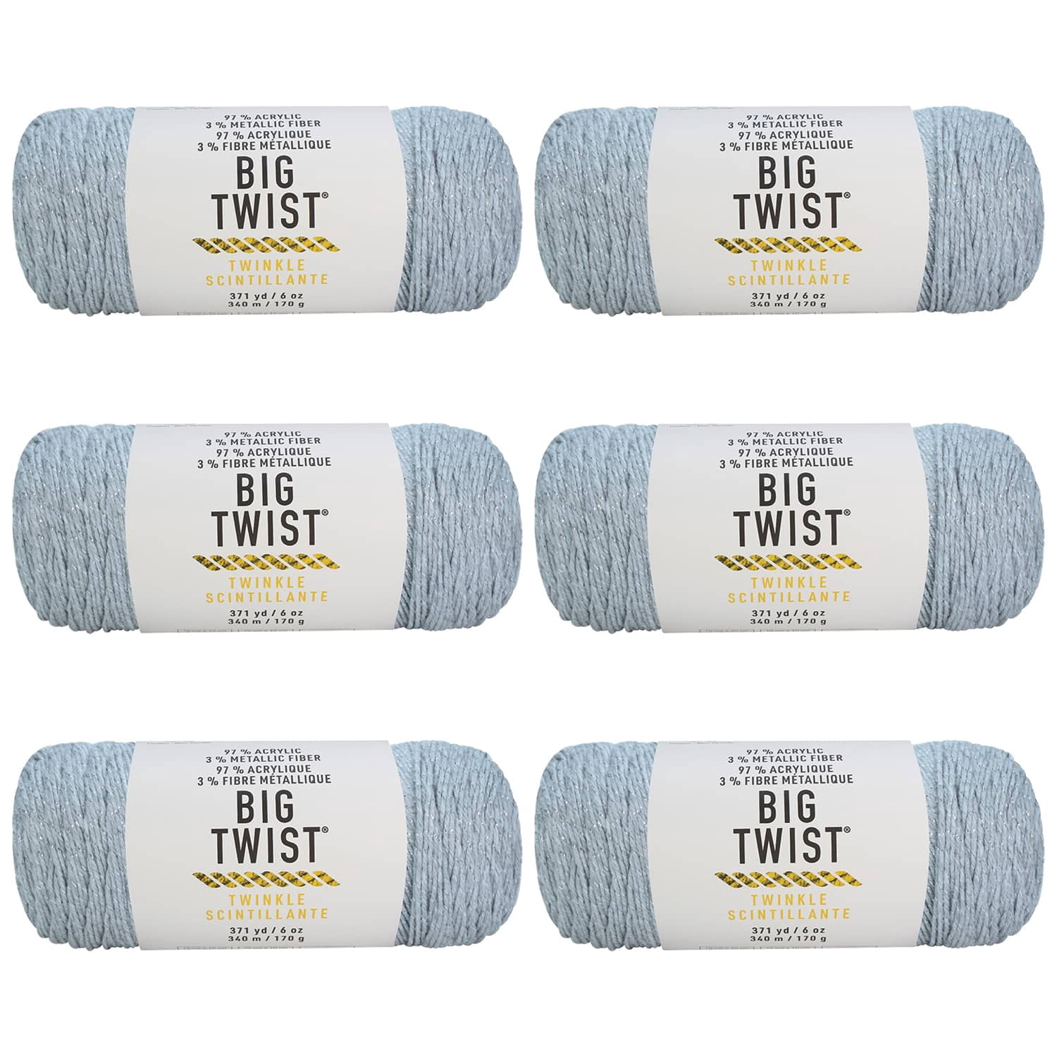 Big Twist Twinkle Yarn, Medium Worsted Sparkle Acrylic Blend, Assorted Colors, 6 oz. Skein, 6-Pack