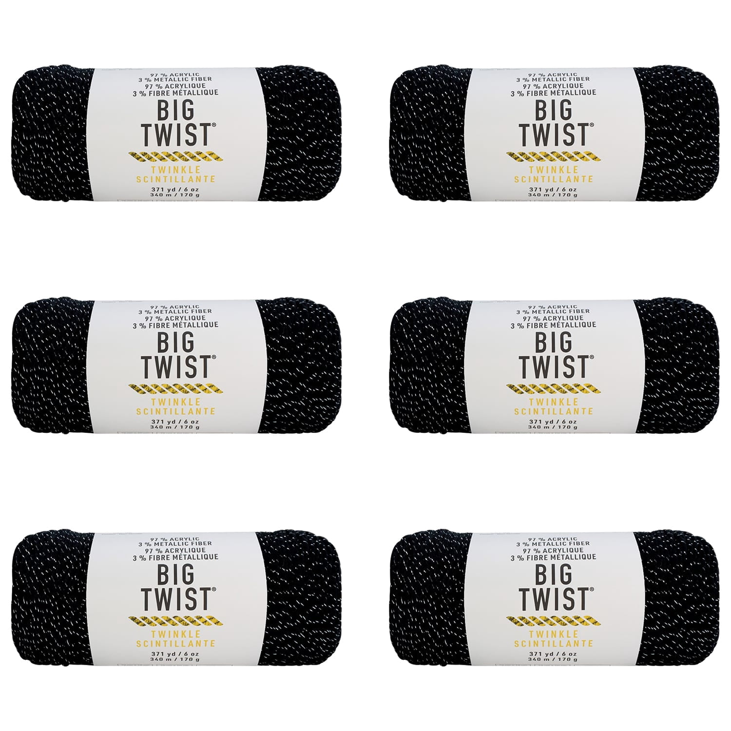Big Twist Twinkle Yarn, Medium Worsted Sparkle Acrylic Blend, Assorted Colors, 6 oz. Skein, 6-Pack