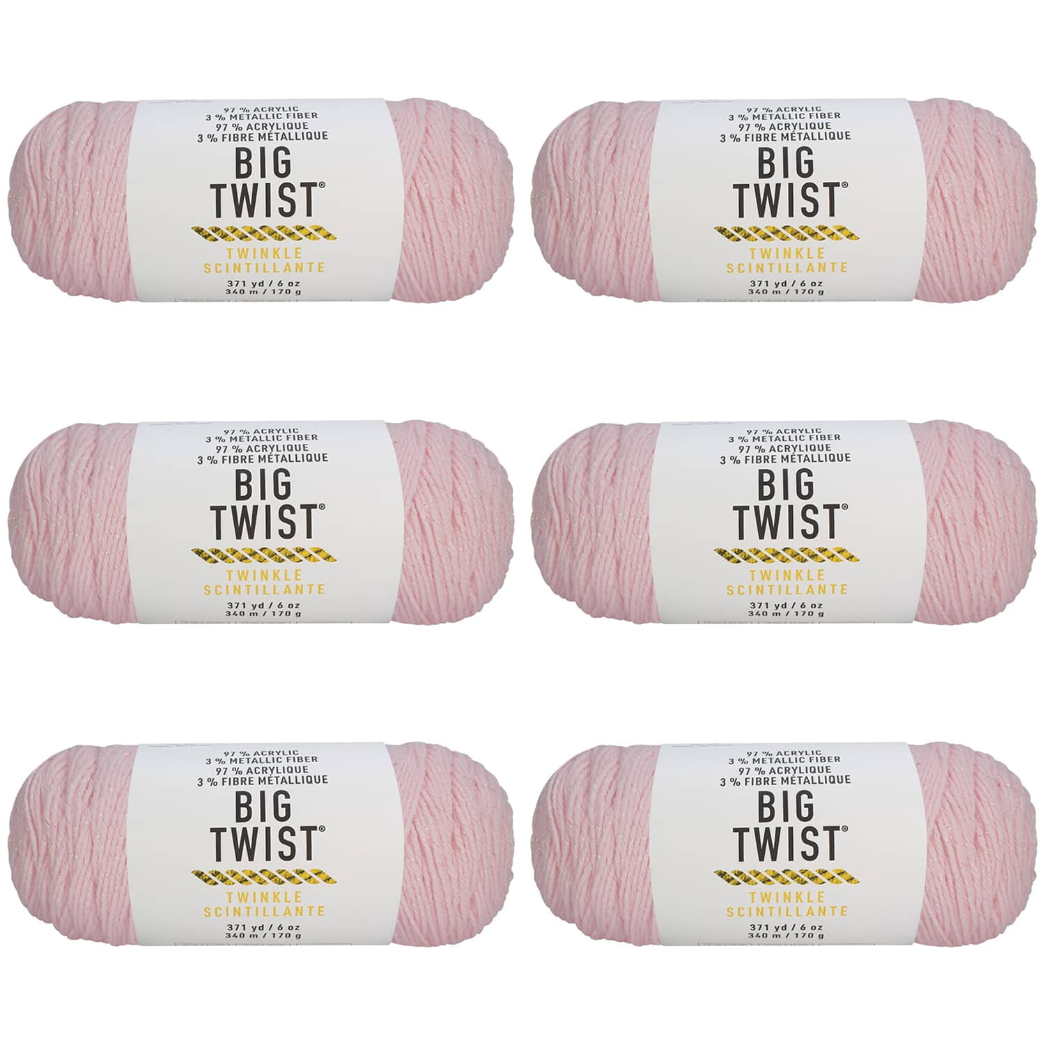 Big Twist Twinkle Yarn, Medium Worsted Sparkle Acrylic Blend, Assorted Colors, 6 oz. Skein, 6-Pack