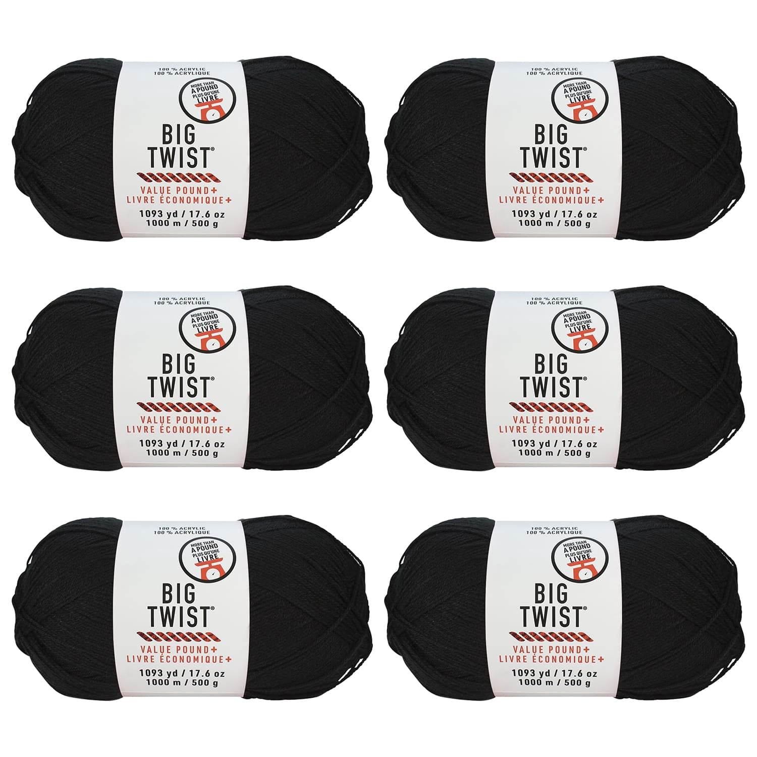 Big Twist Value Pound+ Yarn, Bulk Medium Worsted 100% Acrylic Skeins, Assorted Colors, 17.6 oz, 6-Pack