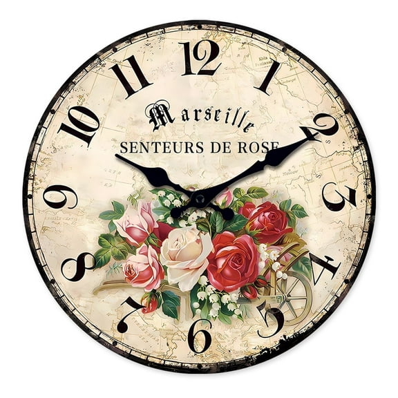 16 Inch Wooden Wall Clock Vintage Roses Flower Wall Clock Battery Operated Silent Floral Wall Clocks for Bedroom Living Room Decor