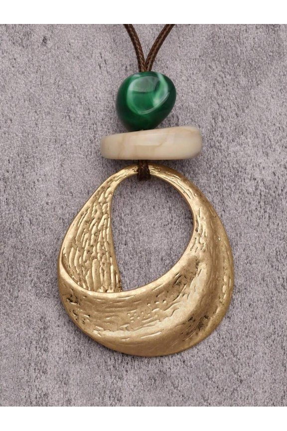 Big Water Drop Gold Pendant Necklace With Green Agate And Bone Bead On Leather Cord