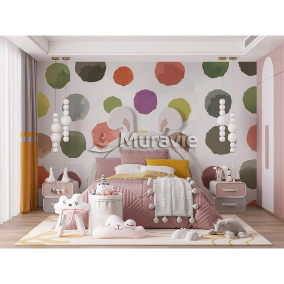 Big Watercolor Colorful Dots Kids Wallpaper , Boho Dots Nursery Wall Mural