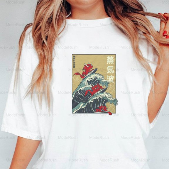 Big Wave Dragons Funny Ocean Japanese Art Parody Graphic Unisex T-Shirt, up to size 5XL-TS WHITE