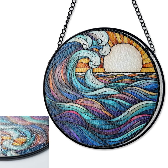 Big Wave Sun Stained Glass Suncatcher, Abstract Diamond Window Panel
