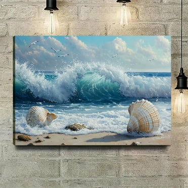 Big Waves Hit The Beach Shells Poster Canvas Print Wall Art Bedroom Room Aesthetics Decoration