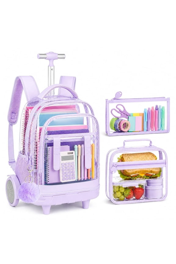 Big Wheel Clear Rolling Backpack for Women & Girls - Water-Resistant See-Through Wheeled Bag for Travel, School, 3-Pack (Purple)