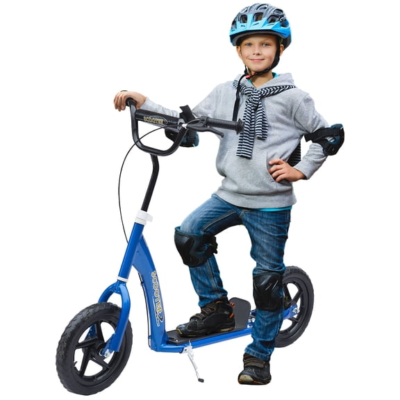Big Wheel Kick Scooter for Kids 5-12, Adjustable Height Handlebar, Non-Slip Footplate, Rear Brake, Blue Steel Frame