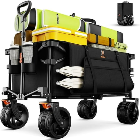 MY Big Wheels Collapsible Wagon Cart Foldable, Heavy Duty Beach Wagon with Silent All-Terrain Wheels, Folding Utility Grocery Cart with Side Pocket and Brakes for Camping Garden Sports, Black