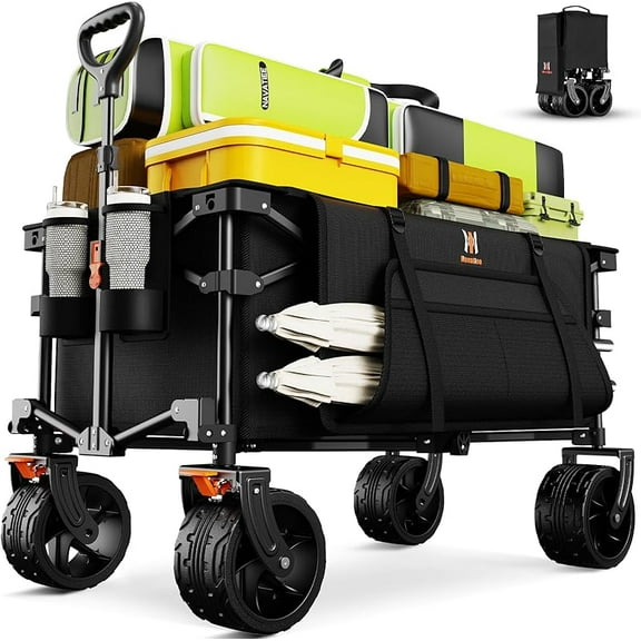 MY Big Wheels Collapsible Wagon Cart Foldable, Heavy Duty Beach Wagon with Silent All-Terrain Wheels, Folding Utility Grocery Cart with Side Pocket and Brakes for Camping Garden Sports, Black