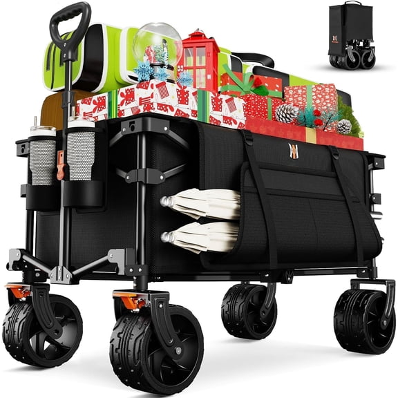 Big Wheels Collapsible Wagon Cart Foldable, Heavy Duty Beach Wagon with Silent -Terrain Wheels, Folding Utility Grocery Cart with Side Pocket and Brakes for Camping Garden , Black