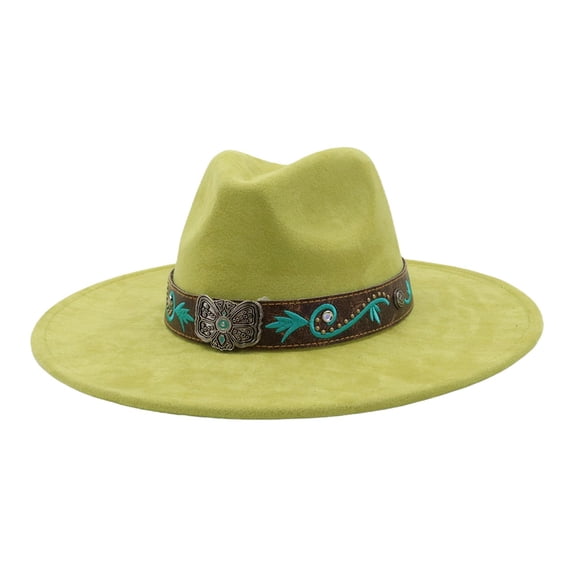 Big Wide Brim Boho Fedoras Hat for Women Men with Embroidery Belt Rancher Western Suede Hat