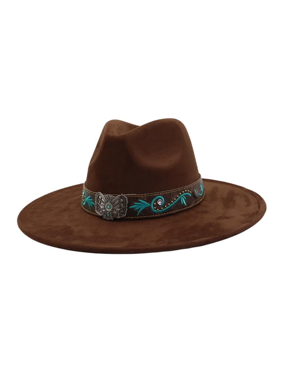 Big Wide Brim Boho Fedoras Hat for Women Men with Embroidery Belt Rancher Western Suede Hat
