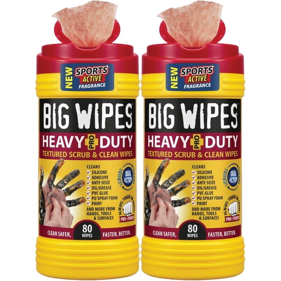 Big Wipes Heavy Duty Hand Cleaning Wipes, Textured Cloths for Removing Grease and Grime, 80 Count Canister, 2 Pack