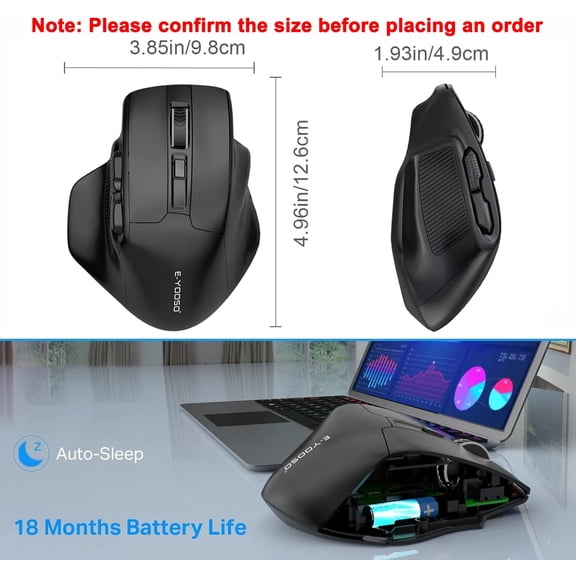 Big Wireless Mouse, X-31 Wireless Ergonomic Computer Mouse, 6 Buttons, 5-Level 4800 DPI, 18-Month Battery Life, for Laptop, PC, Chromebook (Black)