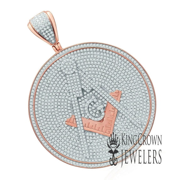 Big XL 3'' 14K Rose Gold Finish Simulated Diamonds Freemason Masonic G Compass Medallion Pendant Charm