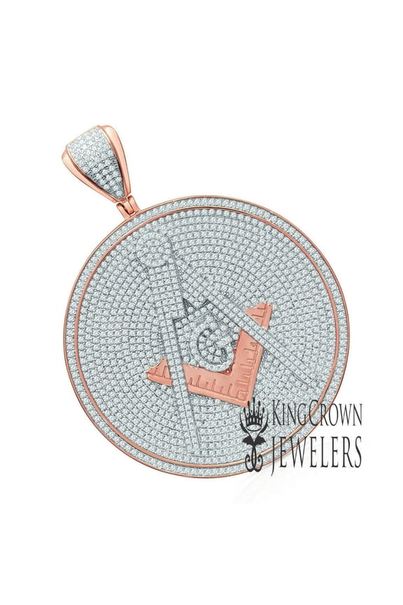 Big XL 3'' 14K Rose Gold Finish Simulated Diamonds Freemason Masonic G Compass Medallion Pendant Charm