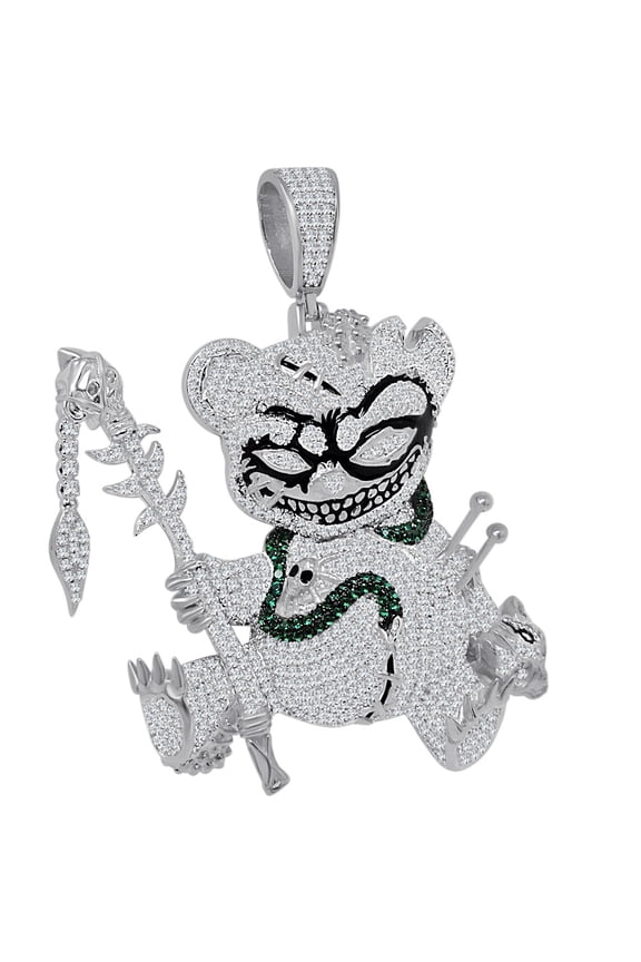 Big XL 3'' Real White Gold Sterling Silver Simulated Diamond Voodoo Teddy Bear Black Magic Exclusive Custom Charm Pendent