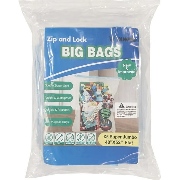 Big Zip Lock Similar Ziploc Zipper Resealable Storage Clear Bags 3MIL Jumbo XL - 5 pack for Bedroom