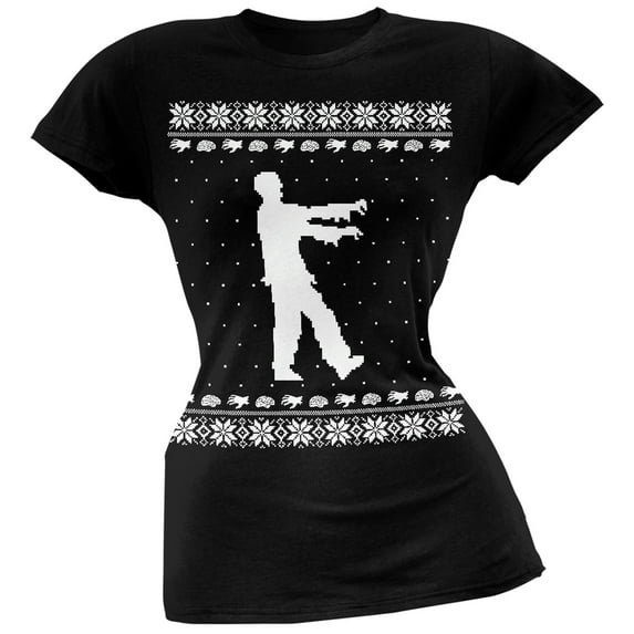 Big Zombie Ugly Christmas Sweater Black Soft Juniors T-Shirt - 2X-Large