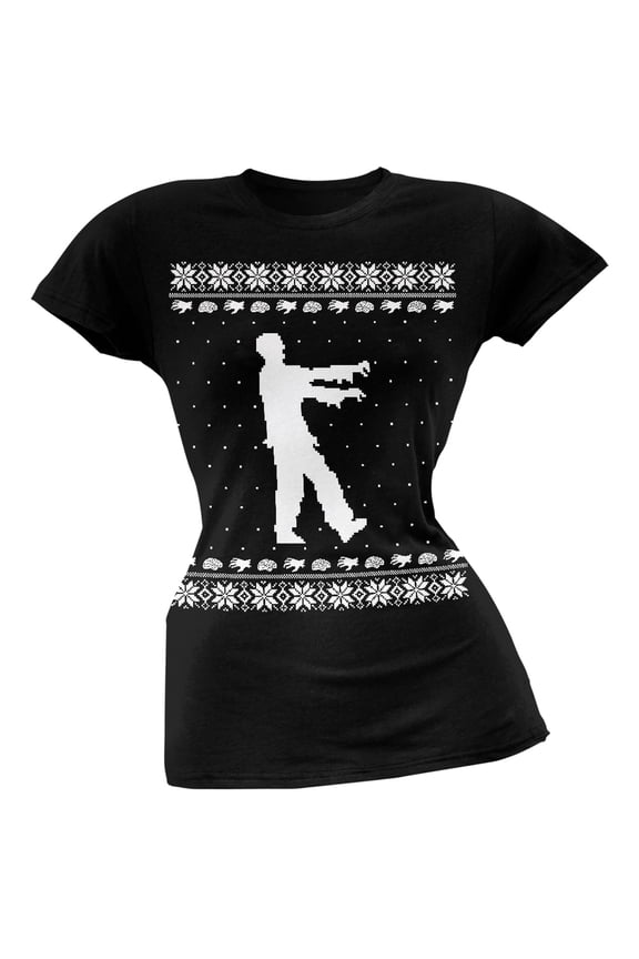 Big Zombie Ugly Christmas Sweater Black Soft Juniors T-Shirt - Large