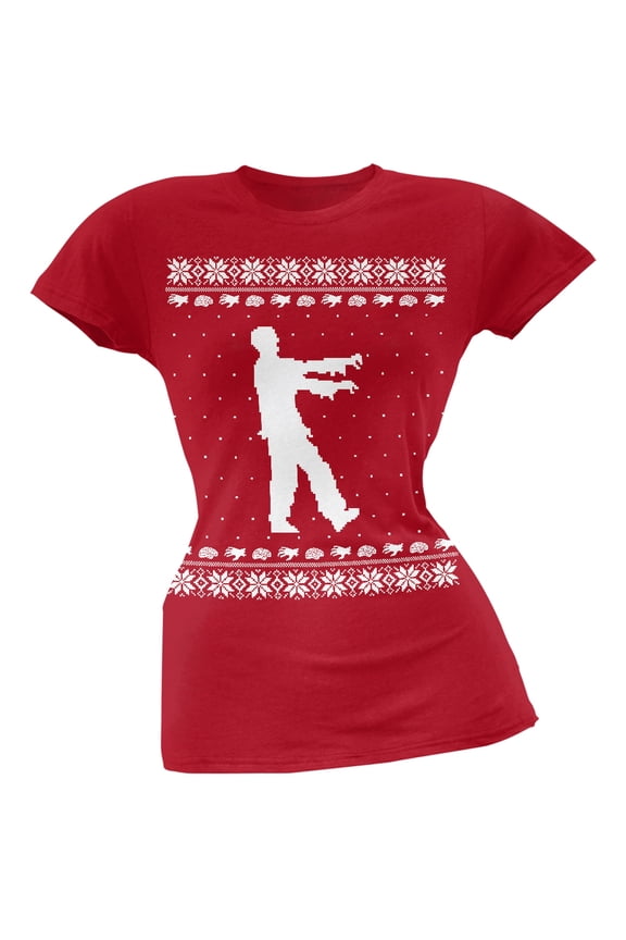 Big Zombie Ugly Christmas Sweater Red Soft Juniors T-Shirt - Small