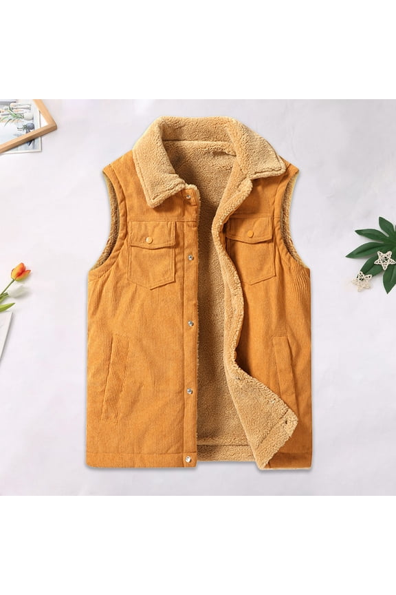 Big and Tall Corduroy Vests for Men Sleeveless Fleece Jacket Full Zipper Casual Collared Sherpa Vests with Pockets M-5XL
