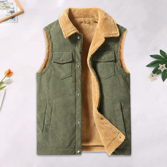 Big and Tall Corduroy Vests for Men Sleeveless Fleece Jacket Full Zipper Casual Collared Sherpa Vests with Pockets M-5XL
