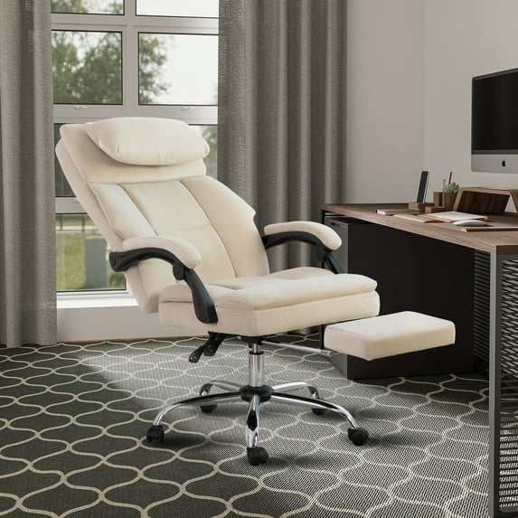Big and Tall Ergonomic Office Chair,Home Computer Chair with Footrest & Removable Headrest,Reclining,Footrest,Comfortable Frosted Velvet,Beige