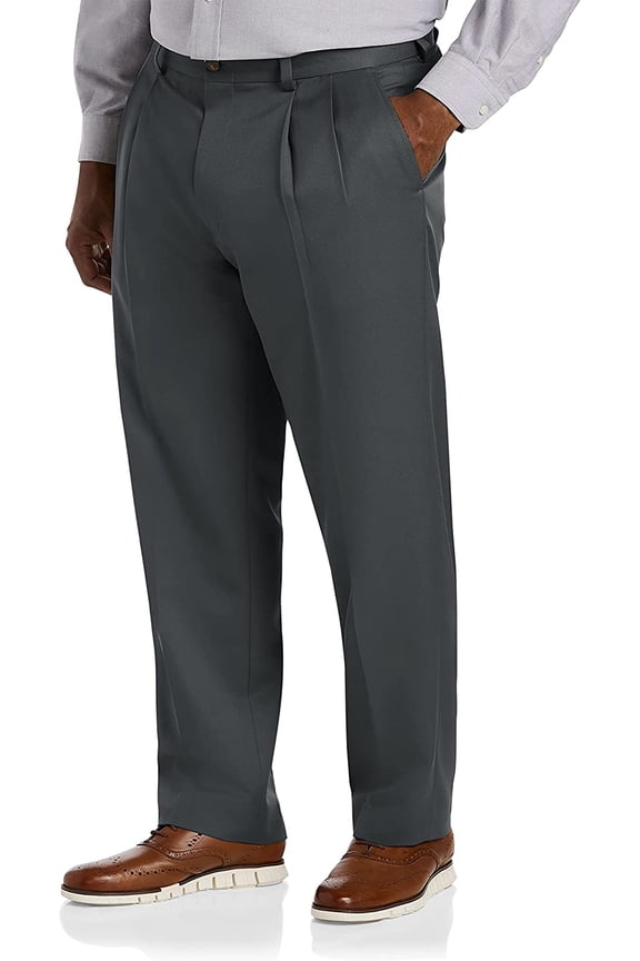 Big and Tall Essentials by DXL Men's Pleated Dress Pants, Dark Grey, 56W x 34L