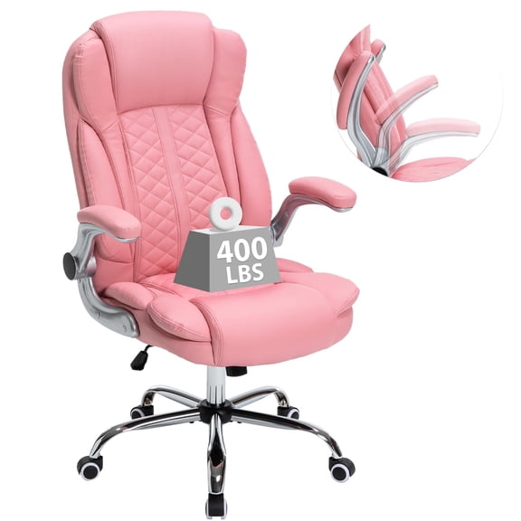Big and Tall Executive Office Chair 400lbs Capacity, Flip-Up Armrests Heavy Duty Computer Chair, Ergonomic PU Leather Seat for Comfort, Pink