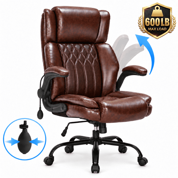 Big and Tall Executive Office Chair, 600 lb PU Leather High Back Chair with Adjustable Lumbar Support and Reclining Function, Brown